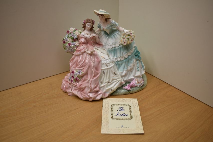 A large Coalport bone china limited edition figure group 'The Letter' designed by Valerie Littlewood, sculpted by Jack Glynn number 1/250. Measures 26cm high and 30cm wide, complete with certificate of authenticity and box.