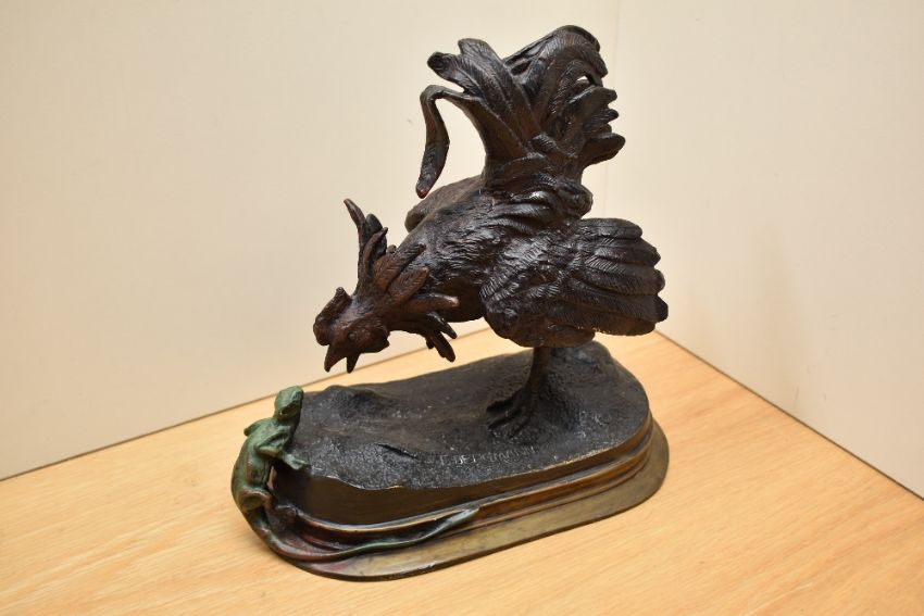 After Franz Bergman large cold painted bronze study of cockerel meeting lizard signature to the front of the base. Measures 26cm x 26cm.